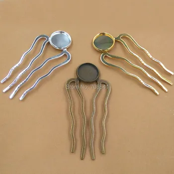

Blank Hair Combs Multi-color Plated Brass Metal with 12mm Inner Round Bezel Cabochon 4 teeth Hairwear DIY Settings Findings