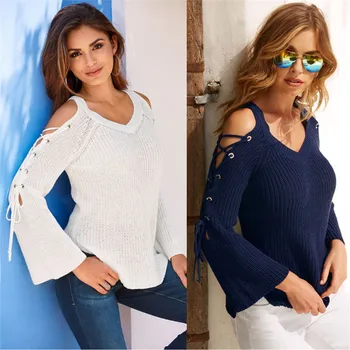

Trendy Women Knitwear Knitted long Sleeve Warm Pullover Sweater V-neck pullover solid Polyester Tops one pieces
