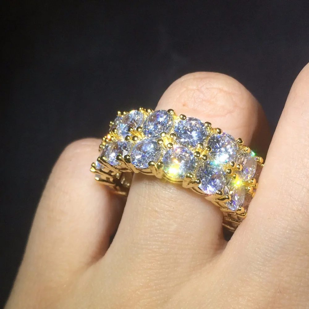 

Double Rhinestone Hip Hop Rock Ring Yellow Gold Filled AAA High Quality CZ Ring for Men and Women Size 8-11