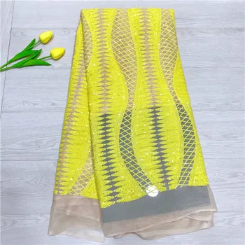 

French Net Lace Fabric 2019 Latest African Guipure Lace Fabric with Embroidery Mesh Tulle yellow Color Sequins Lace Fabric