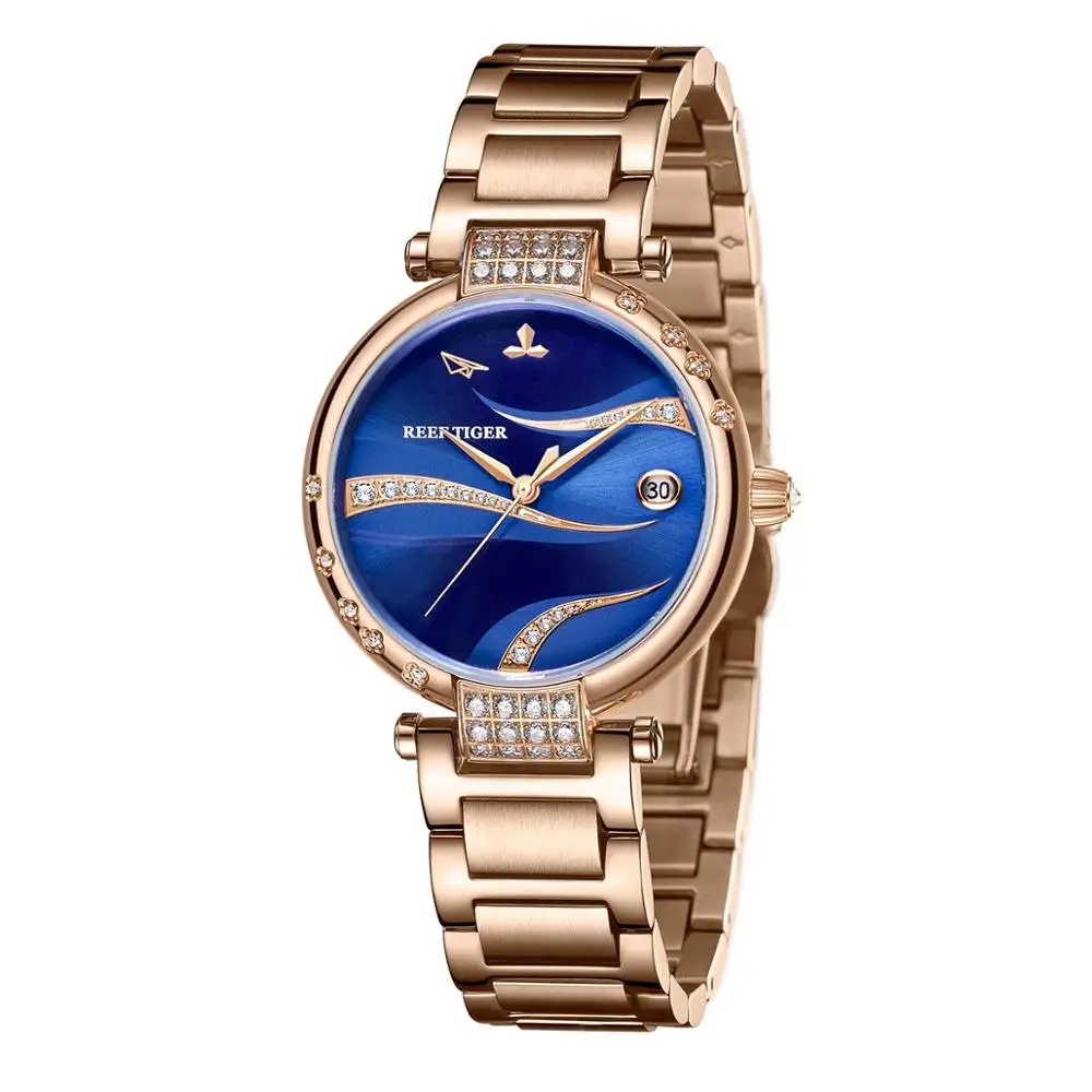 US $184.80 Reef Tiger RT Calendar Luxury Fashion Watches Blue Dial Rose Gold Women Stainless Steel Bracelet Analog Automatic RGA1589