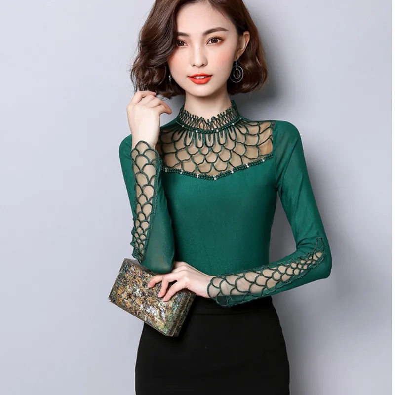 

2019 new Women mesh tops Spring long sleeved Fashion Casual hollow out Lace tops Plus size women shirt blusas