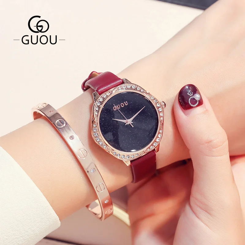 Fshion GUOU брендовые новые женские наручные часы кварцевые цветок высшего сорта Тип горный хрусталь Женские часы из натуральной кожи подарок часы