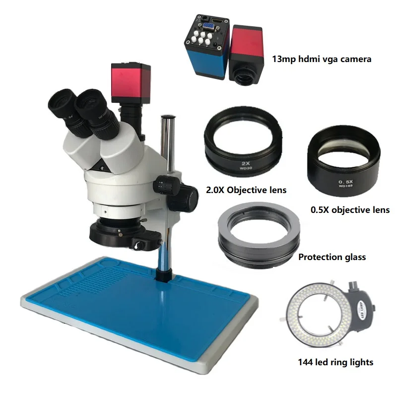 

3.5X-90X simul-focal Trinocular Stereo Microscope 13MP HDMI VGA digital microscope camera 144 adjustable LED ring light+Blue mat