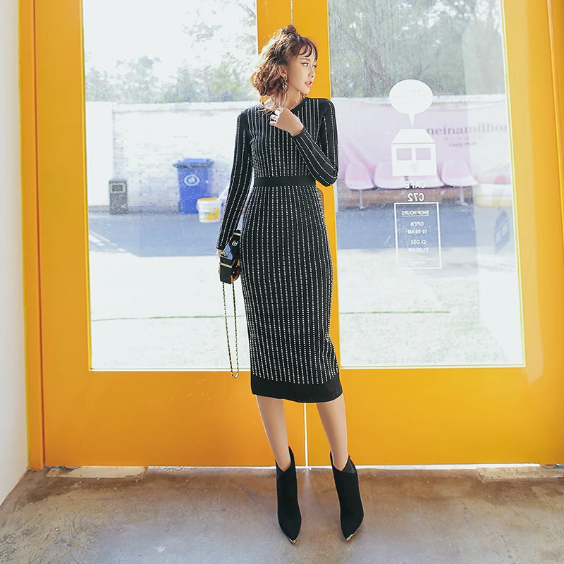 Sexy Nouveau D'hiver Bureau Leejooer Printemps Casual Moulante Party Noir Marques Vêtements Long Strass 2017 Dress Femmes LSUGqzMVp