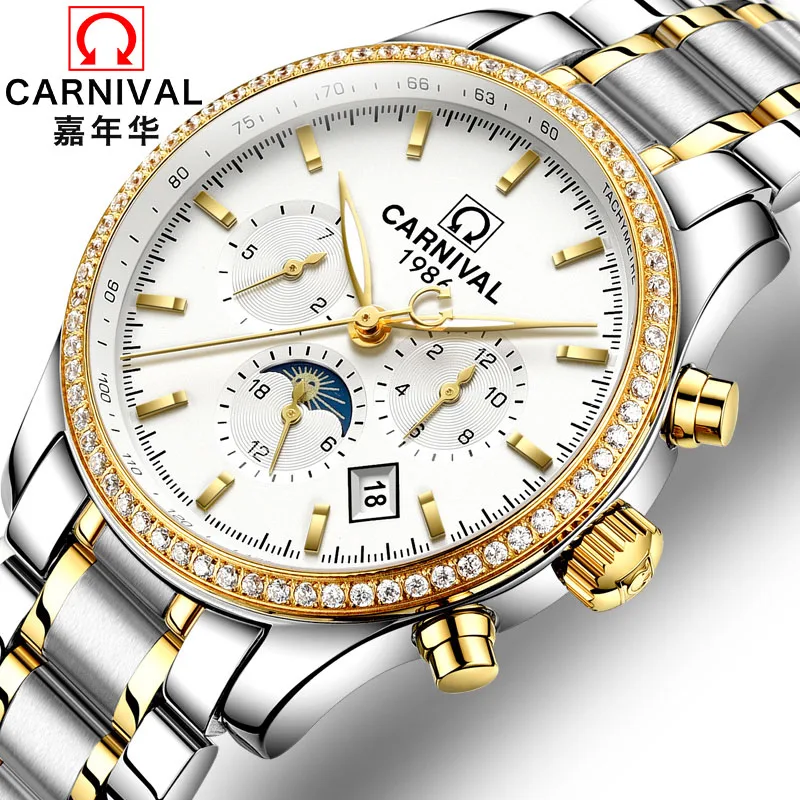 

Luxury Business Mens Watches Top brand CARNIVAL Moon phase Automatic Watch Men Calendar Waterproof Luminous Mechanical watches