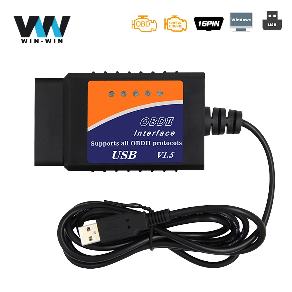 ELM327 v1.5 OBD2 USB сканер для Windows ELM 327 v1.5 16 контактный интерфейс OBD OBD2 автомобильный диагностический инструмент OBD 2 USB считыватель кодов