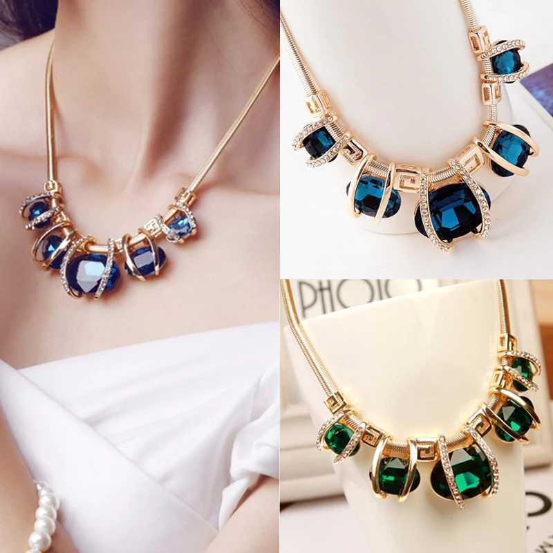 

LNRRABC LNRRABC New Design Rhinestones Necklace Women Pendant Chain Choker Chunky Statement Bib Blue Green Pendant