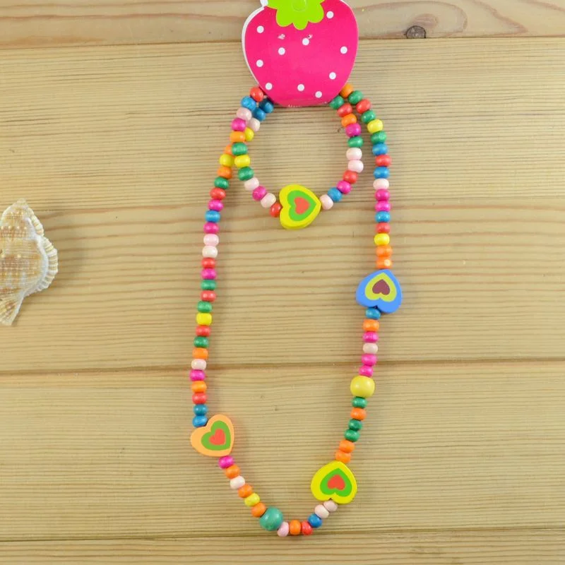 2019 Girls Fashion Kids Cute Butterfly Colorful Wood Beads Necklace Bracelet Set 