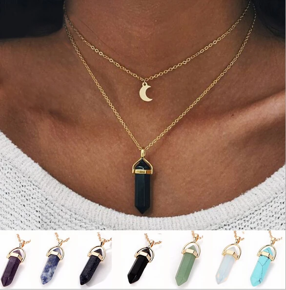 

Best Friends Crystal Opals Natural Stone Bullet Quartz Chokers Women Moon Pendant Necklace Gothic Double Layer Chocker Collier