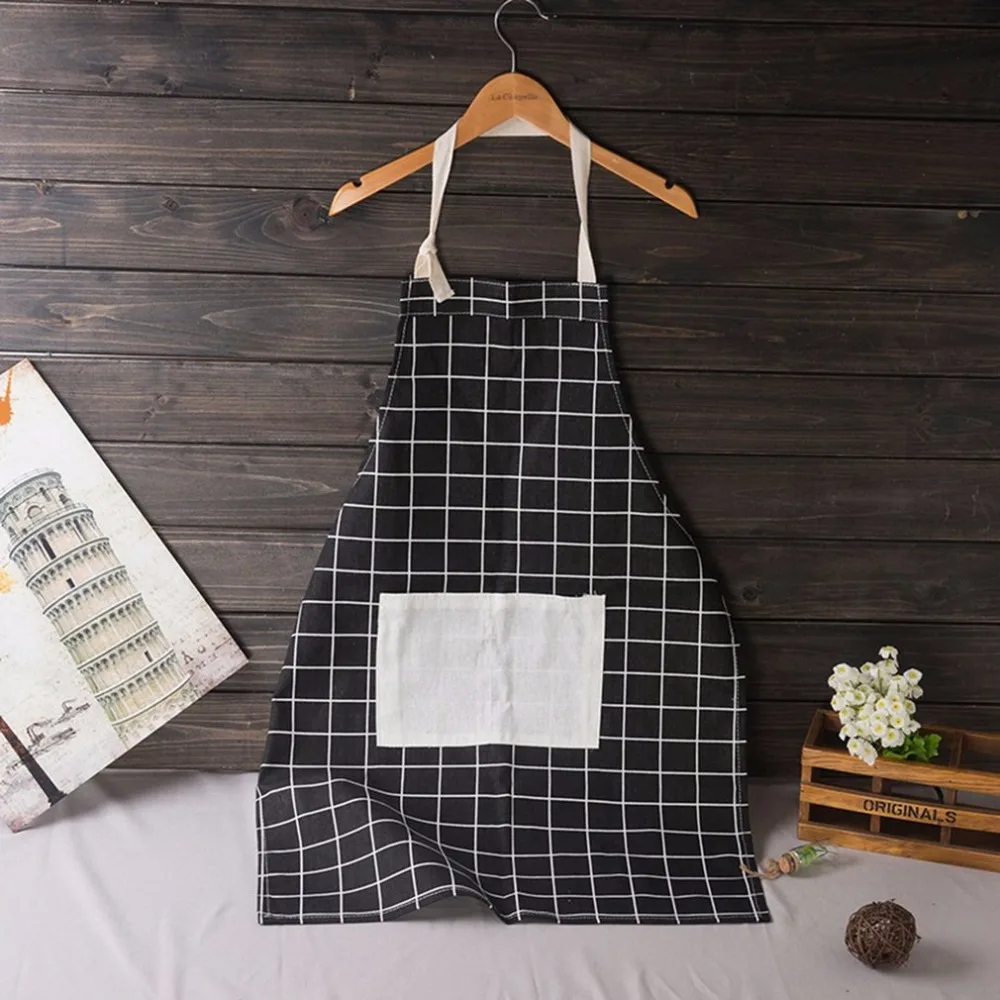 Printed Household Kitchen Apron With Pocket Soft Cotton Linen Unisex