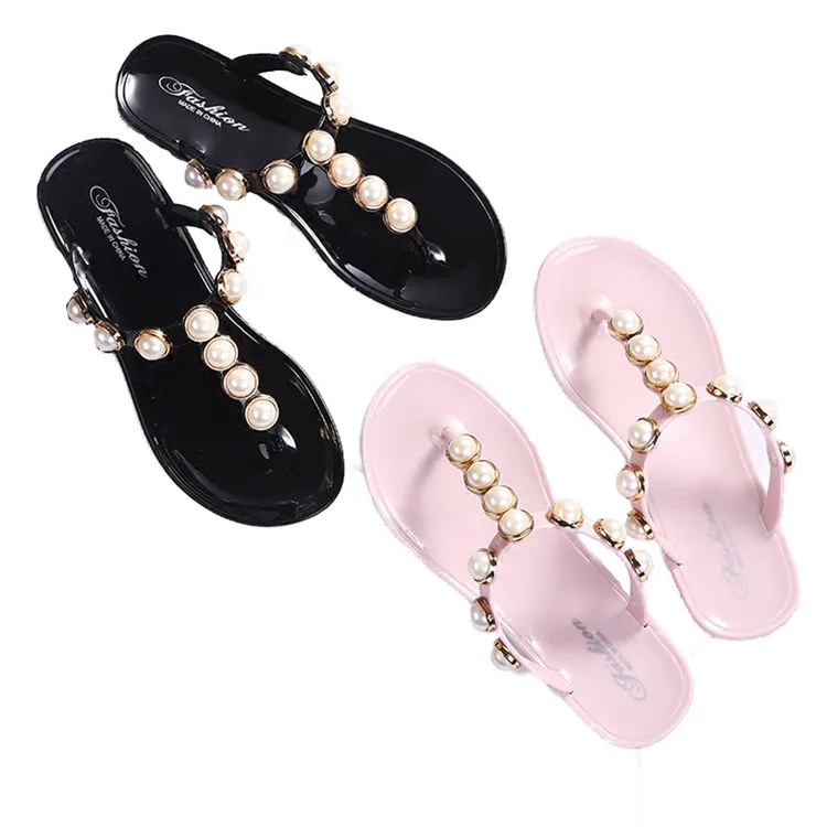 

beach shoes summer flip flops women slippers flat heels slides Pearls sequins waterproof pantufa korea soft 2018 summer sandals