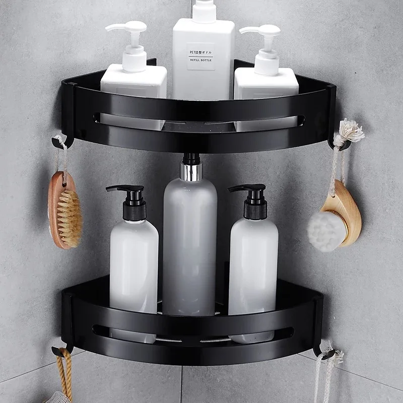 Online Espacio libre de uñas de aluminio negro estante de baño estante cosmético con una sola palanca cesta de esquina de baño con gancho estante de baño estante C