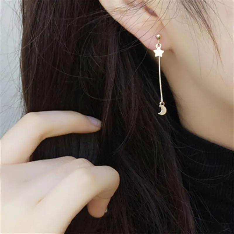 Korean Style Simple Elegant Jewelry Star Moon Drop Earrings Strip Long Dangle Earrings Girl