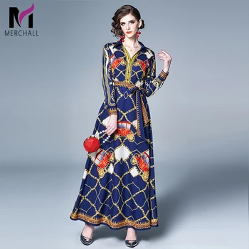 

Merchall 2019 Spring Summer Fall Runway Chain Floral Print V Neck Bow Tie Waist Long Sleeve Women Party Casual Long Maxi Dress