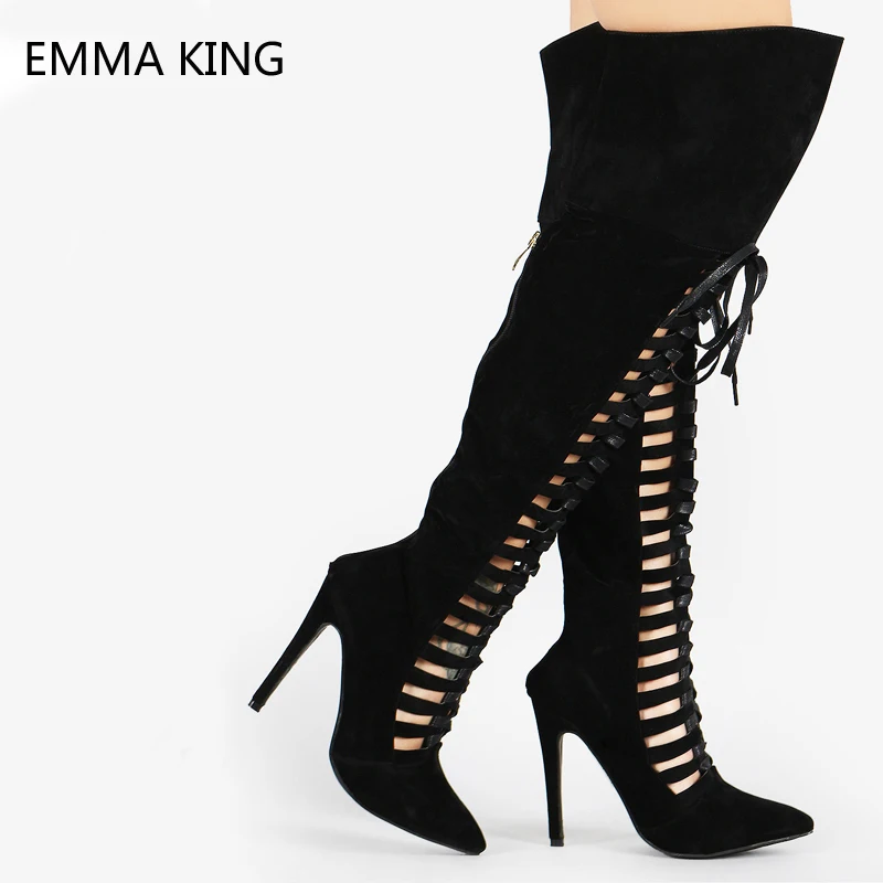 

Women Over The Knee Gladiator Boots High Heels Shoes Woman Back Zip Cross Strap Ladies Stiletto Pointed Toe Shoes 35-43