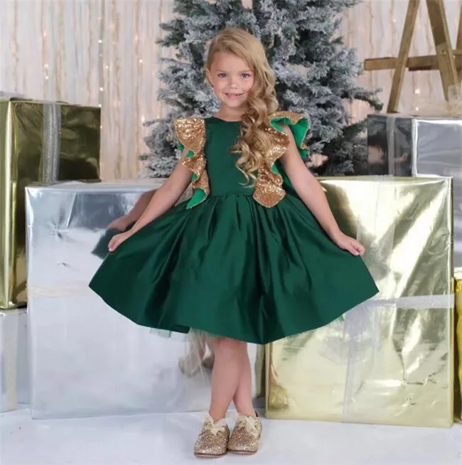 

Emerald Green New Little Girls Birthday Dress with Sequins Bow Flower Girl Dress for Wedding Customized Girls Gown