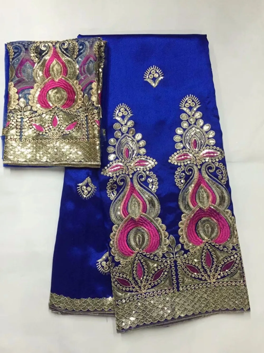 

(5+2 yards/set) Smooth African george lace fabric Nigerian blue george lace with French net lace for party dress
