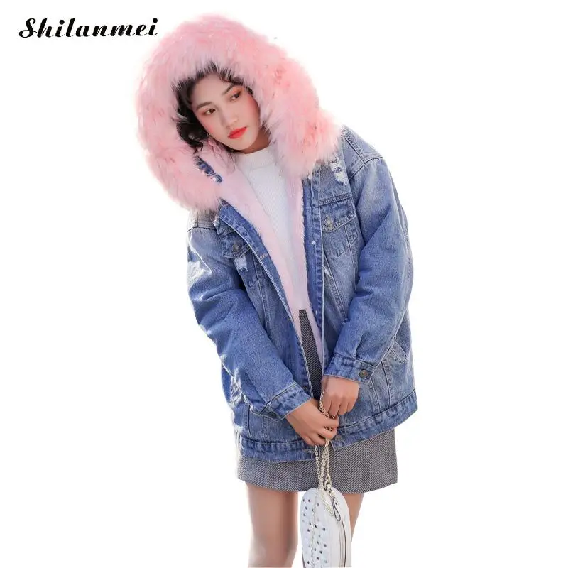 

Women Winter Thick Jean Jacket Faux Fur Collar Fleece Hooded Denim Coat 2018 Female Padded Warm Denim Outwear Female Loose Coats