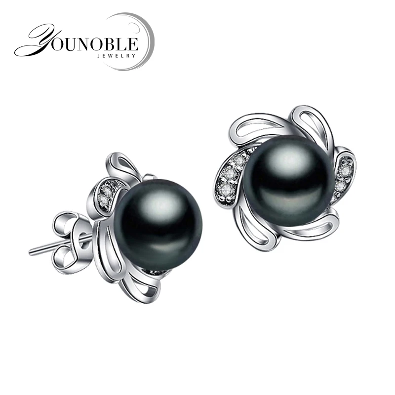 

Genuine natural freshwater pearl earrings for women,trendy bridal party gift 925 silver black pearl earrings