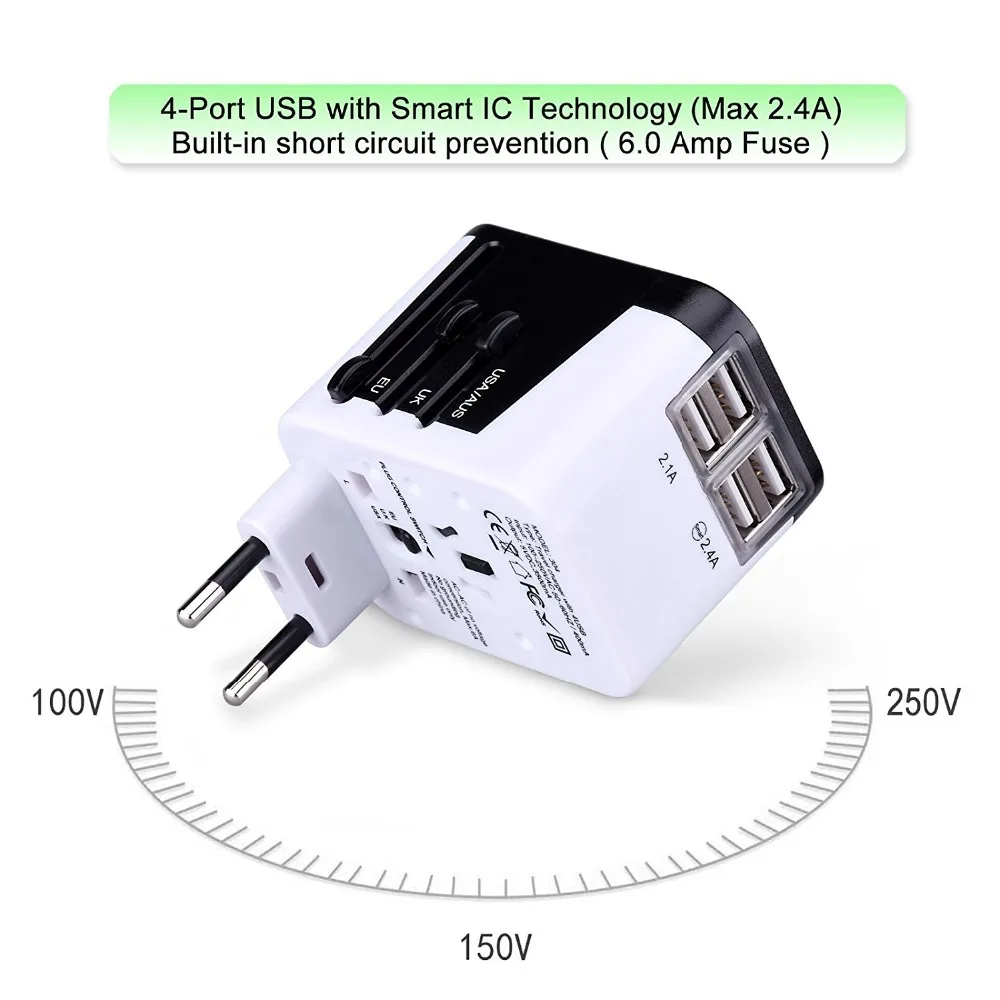 Fasdga дорожный адаптер Международный универсальный адаптер питания все-в-одном с 3.4A 4 USB по всему миру настенное зарядное устройство для Великобритании/ЕС/Австралии/США