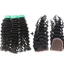 Indian Deep Wave Hair Weave With Lace Closure 3 bundles Unprocessed Curly Virgin Human Hair bundles with Closure Swiss Lace 4*4