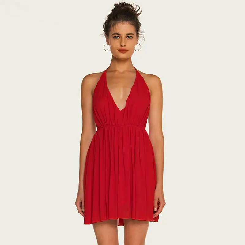 

Sexy Summer Halter Chiffon Mini Sun Party Red Mini Short Dress