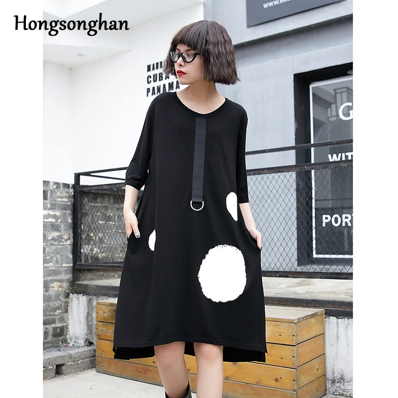 

Hongsonghan 2018 Summer New Ribbon belt at the middle of dress female wave dot print loose half sleeve A line style