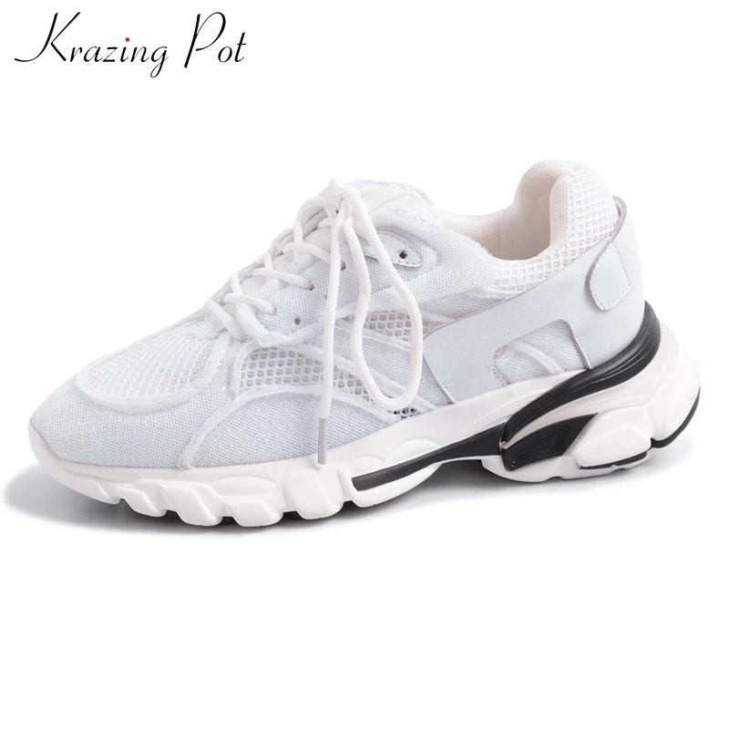 

Krazing pot air mesh large size wedges platform white sneakers natural skin breathable lace up daily wear vulcanized shoes L75