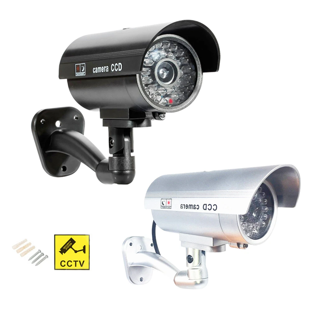 

Dummy Fake 2pcs Bullet Camera Outdoor Indoor Security CCTV Surveillance Waterproof Camera Flashing Red LED 1 Silver and 1 Black
