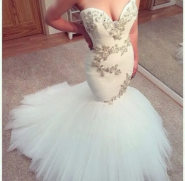 

New Arrival Mermaid Wedding Dresses High Quality Beading Applique Tulle Organza Wedding Bridal Gown vestido de noiva