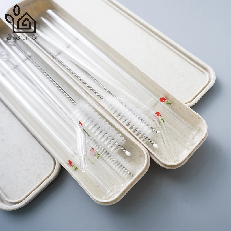 Entertime Set of 3pcs reusable printed glass straws+2 pcs cleaner brush with carry box 2sets/lot | Дом и сад