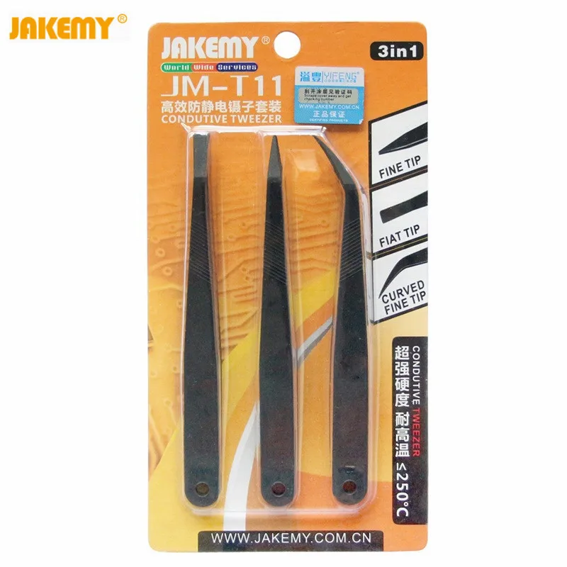 

JAKEMY JM-T11 3in1 Anti-static Tweezers Kit Heat Resistant Flat Pointed Curved Tweezer Set for iPhone Samsung Laptop PCB Repair