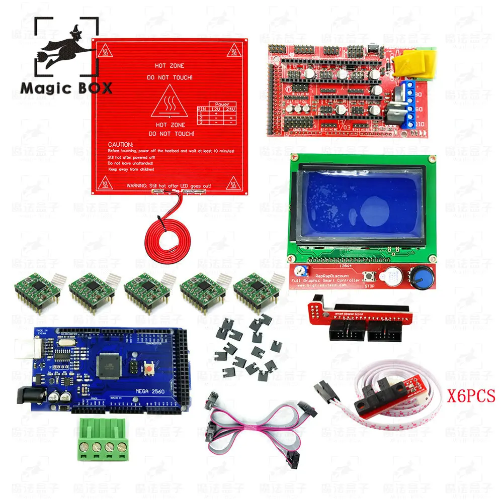 

3D Printer parts Kit RAMPS 1.4 Controller + LCD 12864 + 6x Optical Switch Endstop + 5x A4988+Mega 2560 R3 +Heated Bed MK2B
