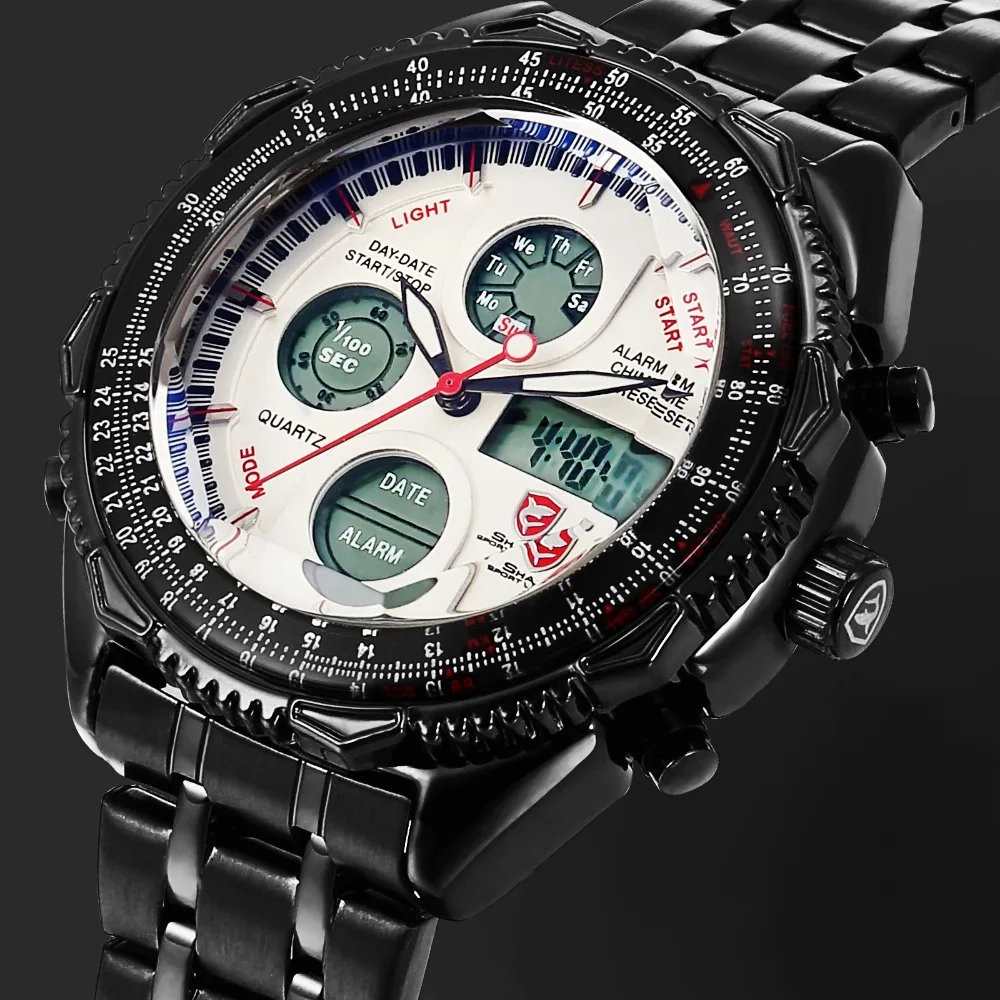 Eightgill Shark Sport Watch Dual Time Digital White Analog Black Stainless Steel Strap Chronograph Quartz Men's Timepiece /SH114