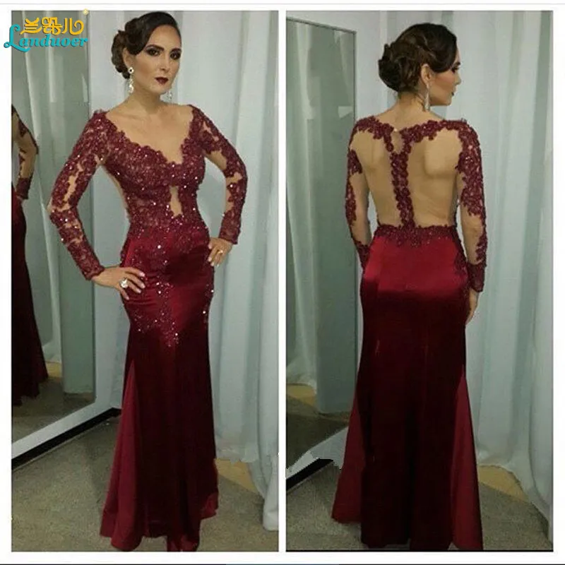 Vestido De Festa 2017 Vino Tinto Largo Moldeado Vestidos De Noche Con Cuello En V Manga Larga 