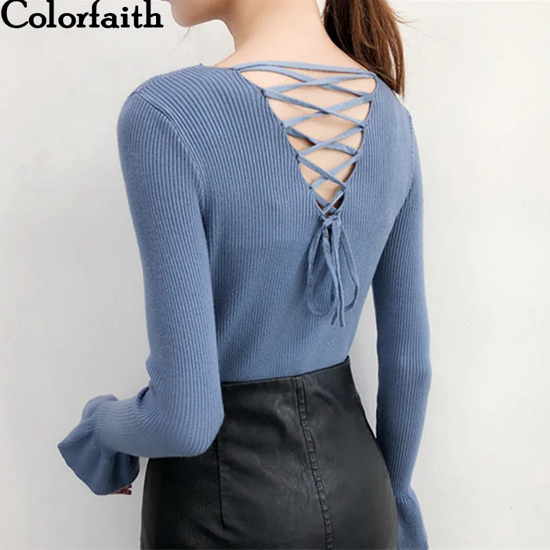 

Colorfaith Women Pullovers Sweater New 2019 Knitting Autumn Winter Lace up V-Neck Multi Colors Casual Elegant Ladies Tops SW8942