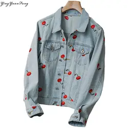 YingYuanFang Мода Новый Назад big вишня вышивка тяжелой работы Дикая мода high street джинсовая куртка