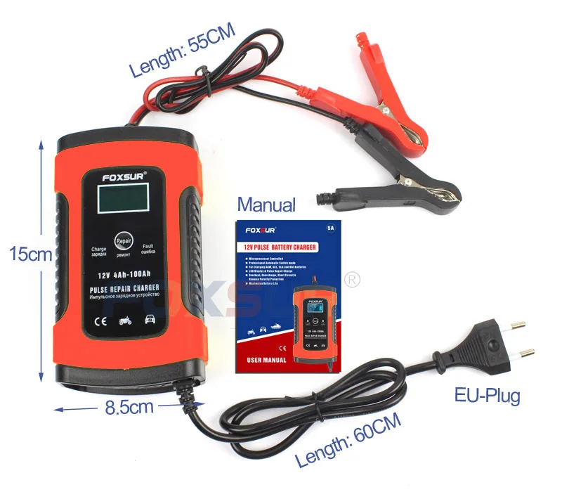 FOXSUR 12V Automatic Smart Battery Charger Car & Motorcycle Charger, 12AH 36Ah 45AH 60AH 100AH Pulse Repair Charger LCD Display FOXSUR 12V Automatic Smart Battery Charger Car & Motorcycle Charger, 12AH 36Ah 45AH 60AH 100AH Pulse Repair Charger LCD Display