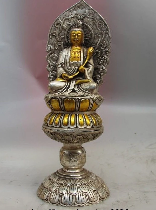 

Tibet Buddhism Old White Copper Silver Lotus Kwan-yin Guanyin Bodhisattva Statue