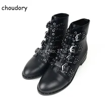 2017 New Fashion Studded Ankle Boots Women Rivet Buckle Martin Boots Black Leather Short Boots Street Style Lady Flats Shoes