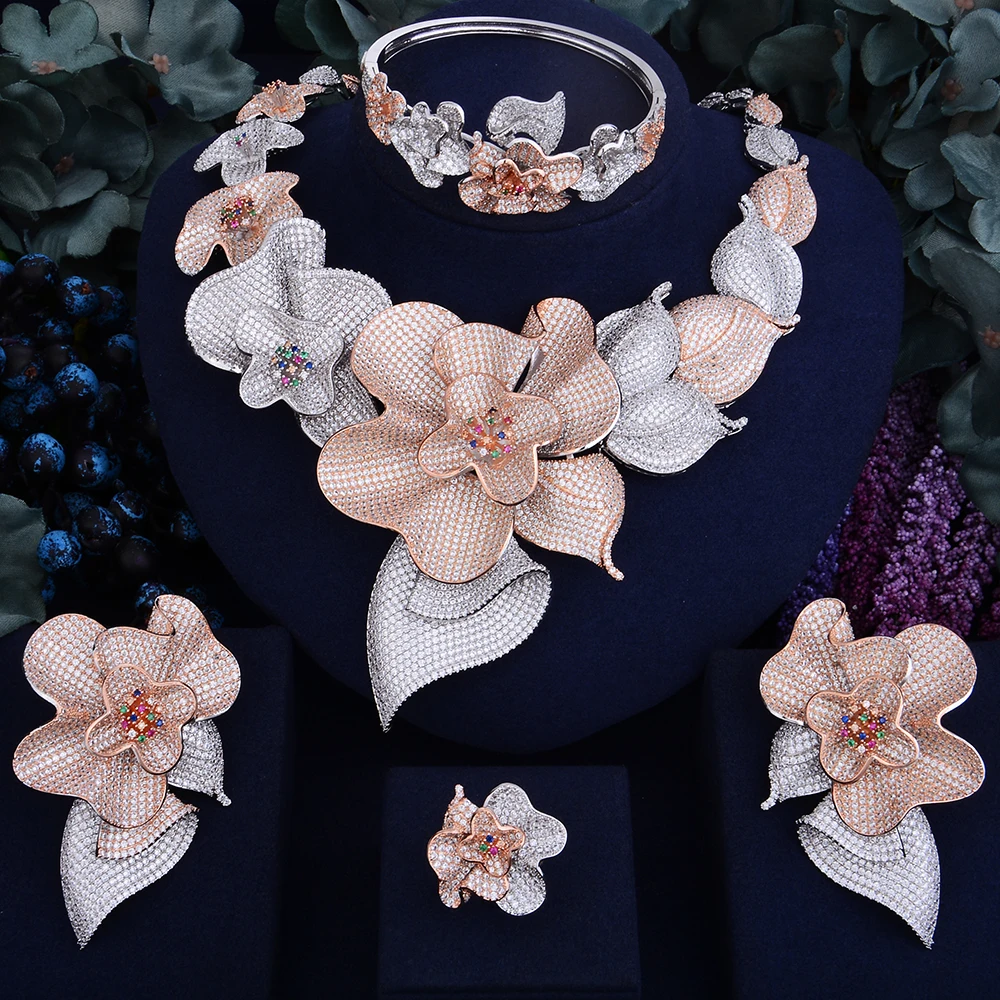 GODKI 103 мм супер роскошный цветок Бегонии для женщин Свадебные Naija невесты кубический цирконий ожерелье Дубай 4 шт ювелирный набор высокое ювелирное изделие