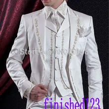 Модный стиль, одна кнопка, белая вышивка жениха смокинги друзей жениха, мужские свадебные костюмы для выпускного вечера жениха(куртка+ брюки+ жилет) K: 1011