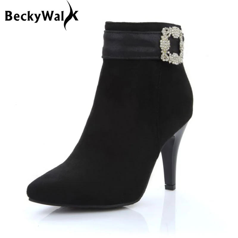 

Warm Plush Winter Women Boots Sexy Black Women Ankle Boots Big Size Pointed Toe High Heels Spring Autumn Shoes Woman WSH2257