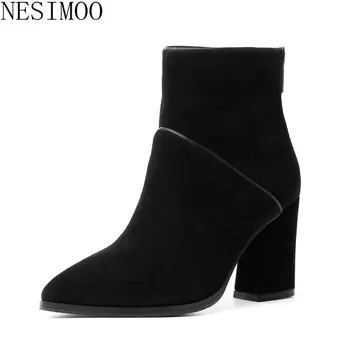 

NESIMOO 2019 Fashion Women Ankle Boots Zipper High Heel Pointed Toe All Match Western Fashion Casual All Match Shoes Size 34-40