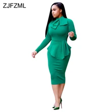 

ZJFZML New Long Sleeve Sexy Pencil Dress 2018 Women O-Neck Bow Ruffle Bandage Dress Autumn Elegant Office Mid-calf Bodycon Dress