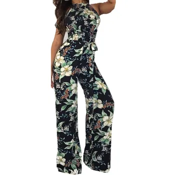 

Summer Sexy Backless Jumpsuits Rompers Women Boho Print Chiffon Jumpsuit Party Club Wide Leg Trousers
