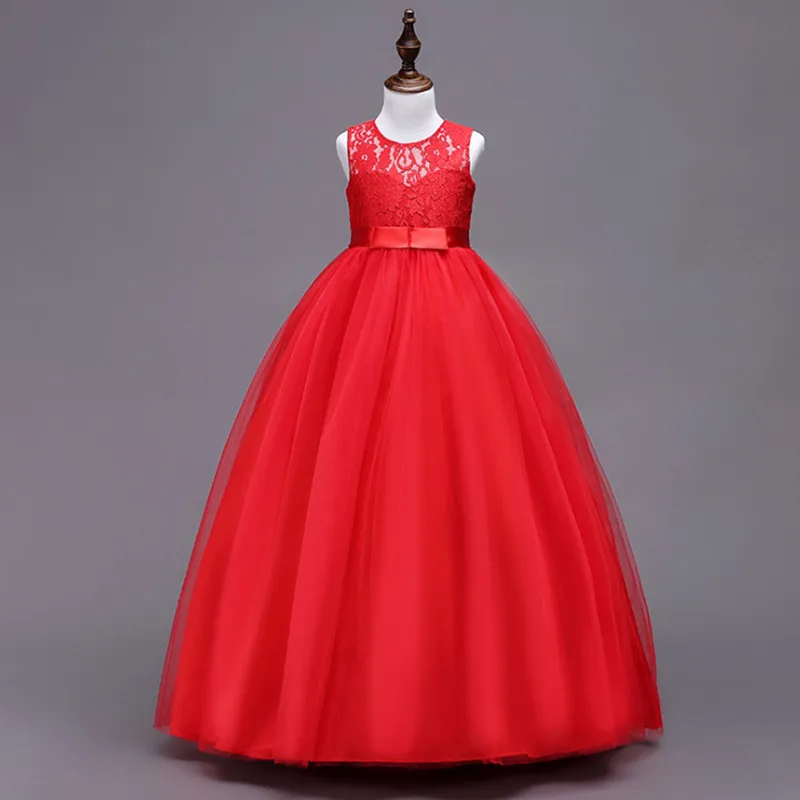 Праздничное платье для девочек-подростков коллекция года, элегантный костюм принцессы для девочек платья без рукавов с аппликацией для девочек кружевное длинное платье из тюля для дня рождения, для детей возрастом от 4 до 14 лет - Цвет: red