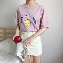 Кей-поп Харадзюку летний Повседневное круглый вырез; верхняя одежда; сыр с принтом в стиле преппи, свободное хлопковая футболка с коротким рукавом, футболка с длинными рукавами для женщин