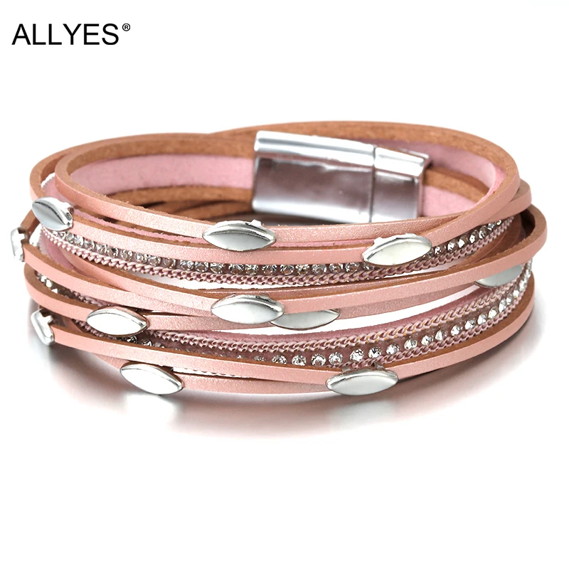 ALLYES розовый чешские кожаные браслеты для женщин Мода 2019 г. листьев